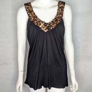 Loose Black Tank With Geometric Sequins V-Neck Mod